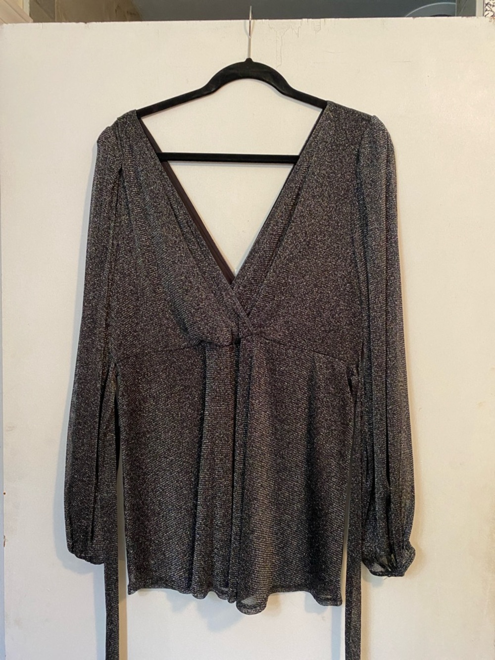 Shimmery Black Silver V-Neck Wrap Blouse